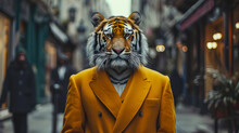 Majestic Tiger Prowls Through City Streets Adorned In Tailored Sophistication, Embodying Street Style. The Realistic Urban Setting Captures The Feline Grandeur Fused With Contemporary Fashion Allure I