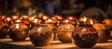 Traditional Earthen Lamps On A Festive Night