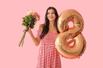 Poster - Beautiful young woman with golden air balloon in shape of figure 8 and bouquet of roses on pink background. International Women's Day