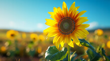 Sunflower In A Field Of Sunflowers Under A Blue Sky