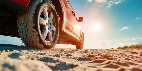 Poster - The car drives fast on the sand on a sunny day