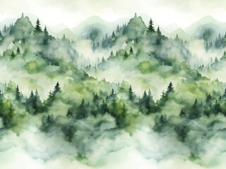 Wall Mural - Seamless pattern with foggy mountains and pine trees in green and white colors. Hand drawn watercolor mountain landscape pattern. For print, graphic design, postcard, wallpaper, wrapping paper