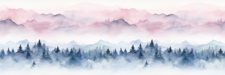 Wall Mural - Seamless pattern with mountains and pine trees in blue and pink colors. Hand drawn watercolor mountain landscape seamless border. For print, graphic design, postcard, wallpaper, wrapping paper