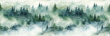 Fototapeta Natura - Seamless border with hand painted watercolor mountains and pine trees. Seamless pattern with panoramic landscape in green and white colors. For print, graphic design, wallpaper, paper