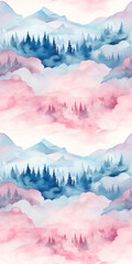 Wall Mural - Seamless pattern with foggy mountains and pine trees in pink and blue colors. Hand drawn dreamy watercolor mountain landscape pattern. For print, graphic design, postcard, wallpaper, wrapping paper