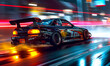 Urban setting, a fast car streaks through the streets against a backdrop of neon lights with blurred motion