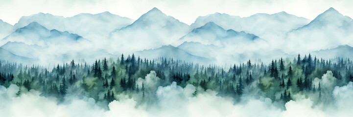 Wall Mural - Seamless border with hand painted watercolor mountains and pine trees. Seamless pattern with panoramic landscape in green and blue colors. For print, graphic design, wallpaper, paper