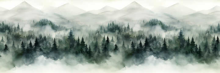Wall Mural - Seamless border with hand painted watercolor mountains and pine trees. Seamless pattern with panoramic landscape in green and white colors. For print, graphic design, wallpaper, paper