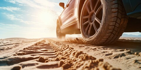 Poster - The car drives fast on the sand on a sunny day