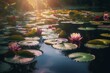 Explore serene beauty of a shimmering lake adorned with intricate water lilies and captivating ultra-wide bokeh depth of field. Generative AI