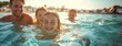 family with children swimming in the river Generative AI