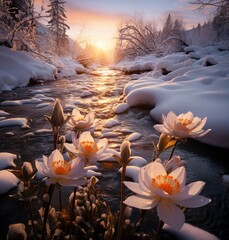 Wall Mural - Winter Wonderland Creek With Snow And Flowers