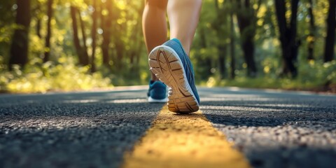 Wall Mural - Female runner's shoes on an asphalt road, sunny morning