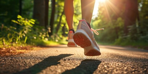 Poster - Female runner's shoes on an asphalt road, sunny morning