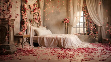 a bed with rose petals on the floor next to a table with candles and a vase with flowers on it. generative ai,A dreamy Valentine's bedroom with a soft bed, red rose petals in heart shapes, and artisti