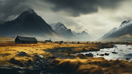 Sticker - Thatched roof house in a valley with mountains in the background