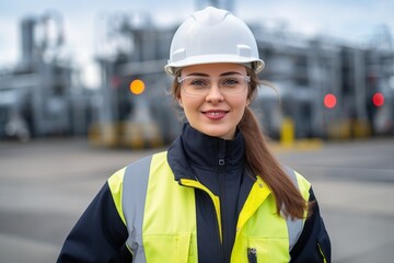 Wall Mural - Portrait of a female engineer wearing a hard hat and safety glasses at an industrial facility