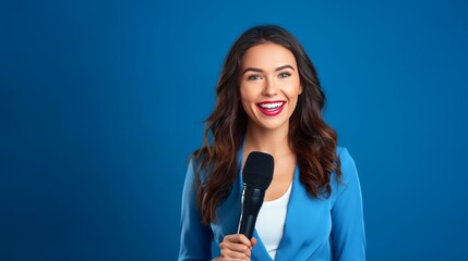 Wall Mural - A news story is being reported by a reporter isolated on blue while holding a microphone.