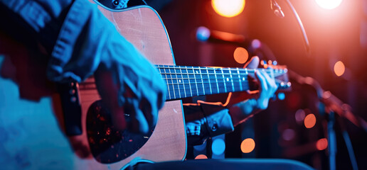 Guitarist plays guitar on stage performance at a concert guitarist hands close-up