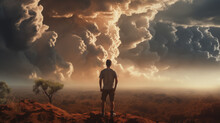 Man Looking Up At Approaching Dark Clouds