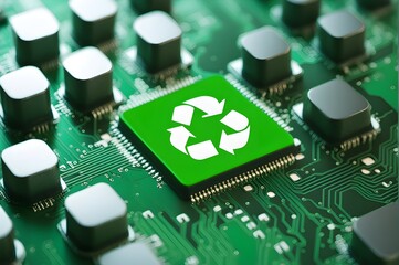 Green technology concept: Recycle sign on a circuit board, symbolizing innovation and environmental responsibility in tech.