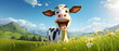 adorable vaca de dibujos animados sonriendo muy expresiva en un idílico campo primaveral con montañas y valles verdes  floridos