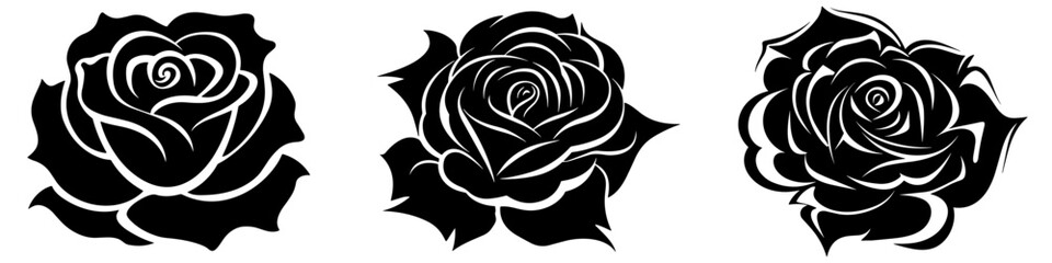 Wall Mural - flower icon. black and white silhouette of a rose. set of rose icons
