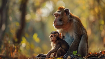 Wall Mural - Generative AI image of macaque mother and her child in the forest