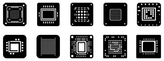 Wall Mural - chip icon. cpu symbol. set of black and white microchip icons.