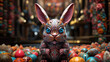 artistic futuristic easter robot rabbit in a room with lots of painted eggs. Easter concept
