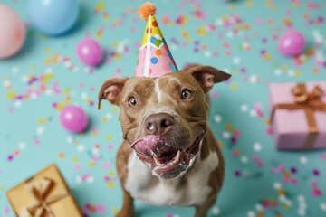 Wall Mural - Happy dog in a party hat celebrate Birthday
