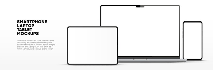 Poster - Modern laptop mockup front view and high quality smartphone and tablet mockup isolated on white background. Notebook mockup and phone device mockup for ui ux app and website presentation.Stock Vector.