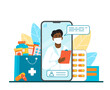 Online medical advise or consultation service. Smartphone screen with male  afro american   doctor on chat in messenger with pills and pill and pill bottles. Vector flat illustration. Ask doctor.
