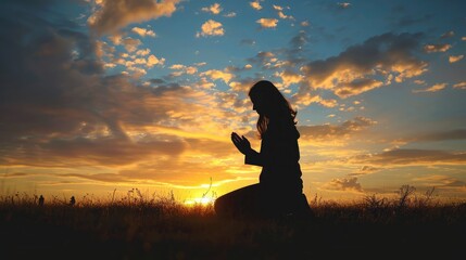 Wall Mural - Silhouette of woman kneeling down praying for worship God at sky background. Christians pray to jesus christ for calmness. In morning people got to a quiet place and prayed. copy space