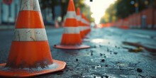 A Cluster Of Traffic Cones Placed On The Side Of A Road. Ideal For Illustrating Road Construction Or Safety Precautions