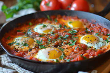 Wall Mural - Shakshuka, a Middle Eastern and North African dish, presents a delectable and hearty ensemble of poached eggs gently simmered in a rich and spiced tomato and bell pepper stew