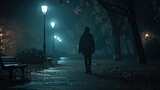 Fototapeta  - Sad man alone walking along the alley in night foggy park. Back view