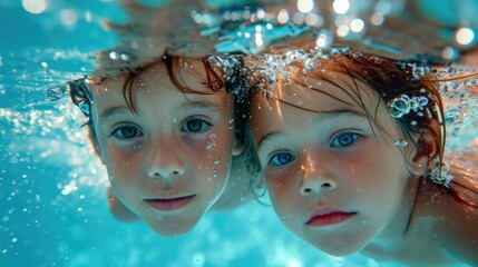 Wall Mural - Two young children are swimming underwater in a pool. This image can be used to depict summer fun, water activities, or swimming lessons