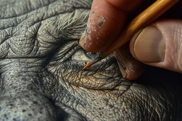 Wall Mural - A close-up view of a person holding a pencil over an elephant's eye. This image can be used to represent creativity, connection, or the concept of seeing things from a different perspective