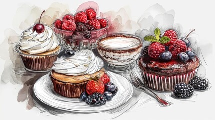 Poster - Delicious cupcakes and assorted desserts beautifully arranged on a table. Perfect for bakery advertisements or food-related designs