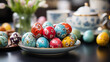 Painted eggs on plate, easter decorations.