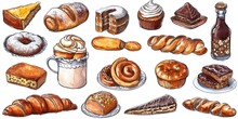 A Delightful Drawing Showcasing A Variety Of Pastries And Sweet Treats. Perfect For Illustrating Bakery Menus Or Creating Mouthwatering Food-themed Designs