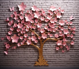 Decorative tree made of pink flowers on white brick wall background, Ai Generated