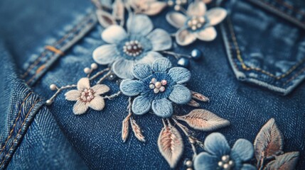 Wall Mural - A detailed close-up of a denim jacket adorned with beautiful flowers. This trendy jacket is a perfect addition to any casual outfit.