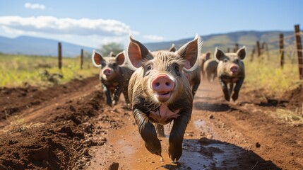 joyful pigs running in the farm