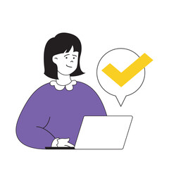 Fototapete - Online voting concept with cartoon people in flat design for web. Woman putting tick in election questionnaire form and using laptop. Vector illustration for social media banner, marketing material.