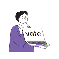 Leinwandbilder - Online voting concept with cartoon people in flat design for web. Man making decisions and approves political candidates at laptop. Vector illustration for social media banner, marketing material.