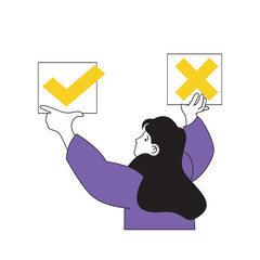 Fototapete - Online voting concept with cartoon people in flat design for web. Woman choosing political candidates and giving approve tick in quiz. Vector illustration for social media banner, marketing material.