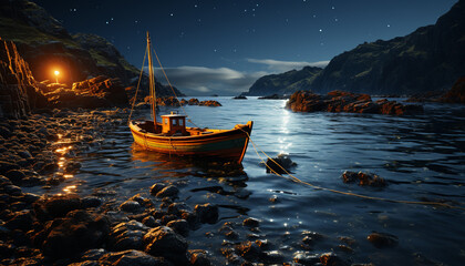 Poster - Nautical vessel sails on tranquil seascape, under moonlight and stars generated by AI