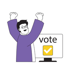 Fototapete - Online voting concept with cartoon people in flat design for web. Happy man takes part in election, supporting his political candidate. Vector illustration for social media banner, marketing material.